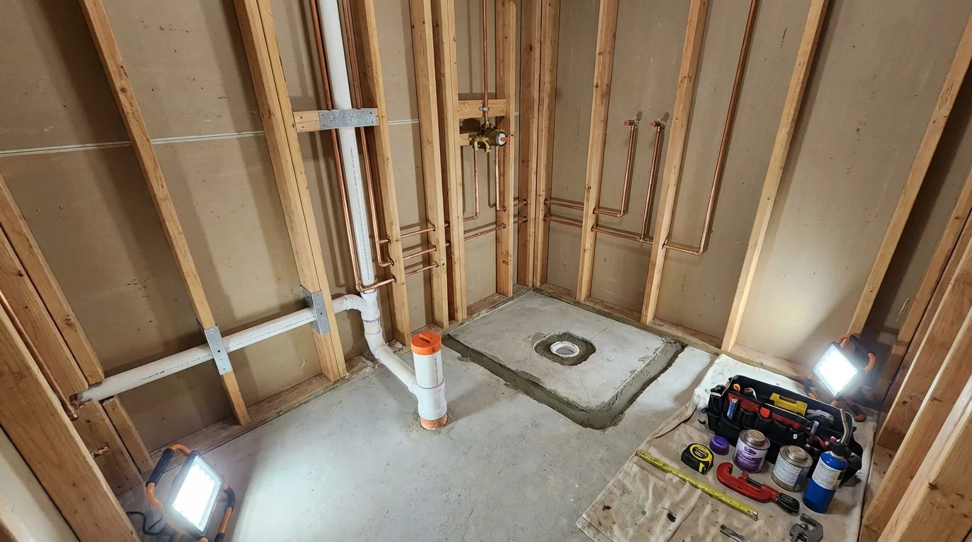 Bathroom rough-in plumbing during remodel by Johns Plumbing LLC in Cayey