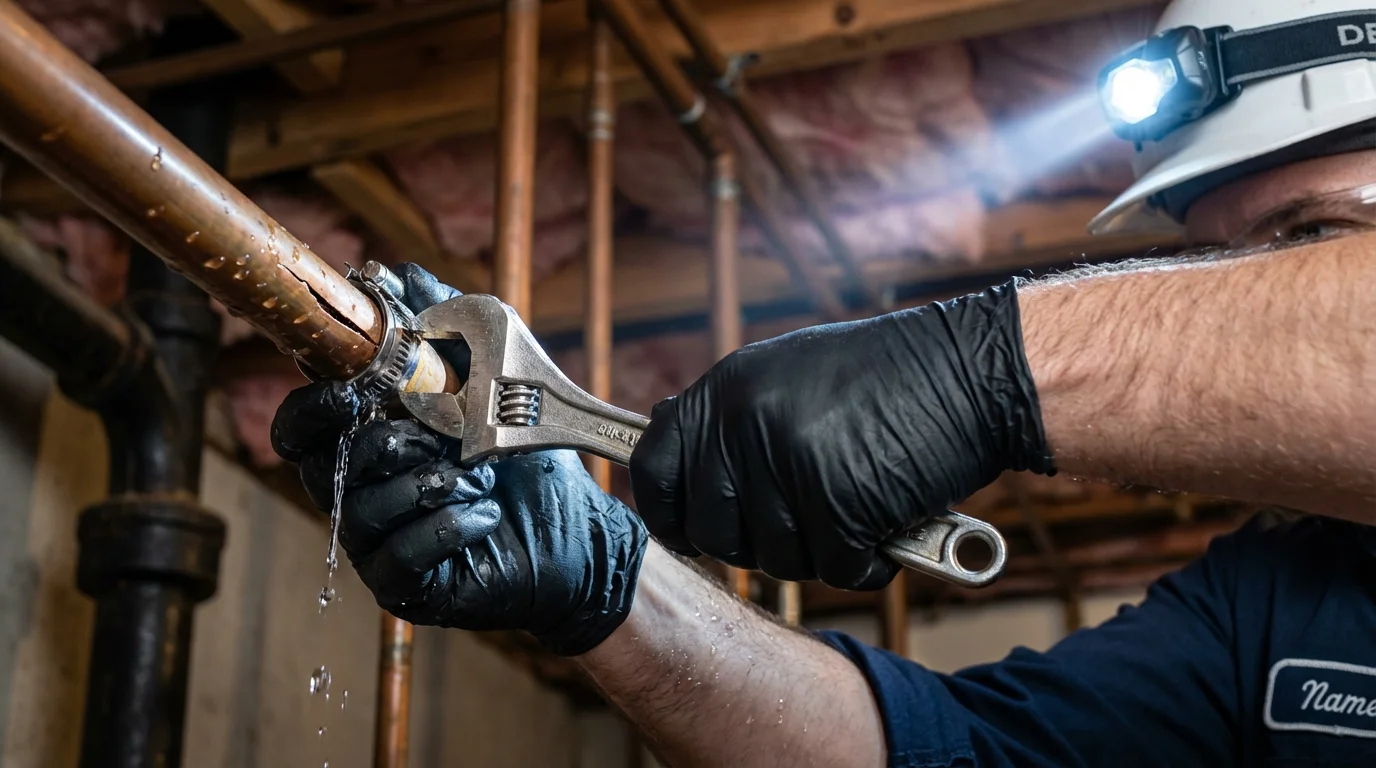 Emergency pipe clamp repair being performed by a Johns Plumbing LLC plumber in Cayey
