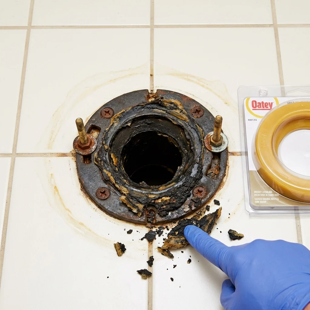 Failed wax ring showing water seepage at the base of a toilet in a Cayey, PR home