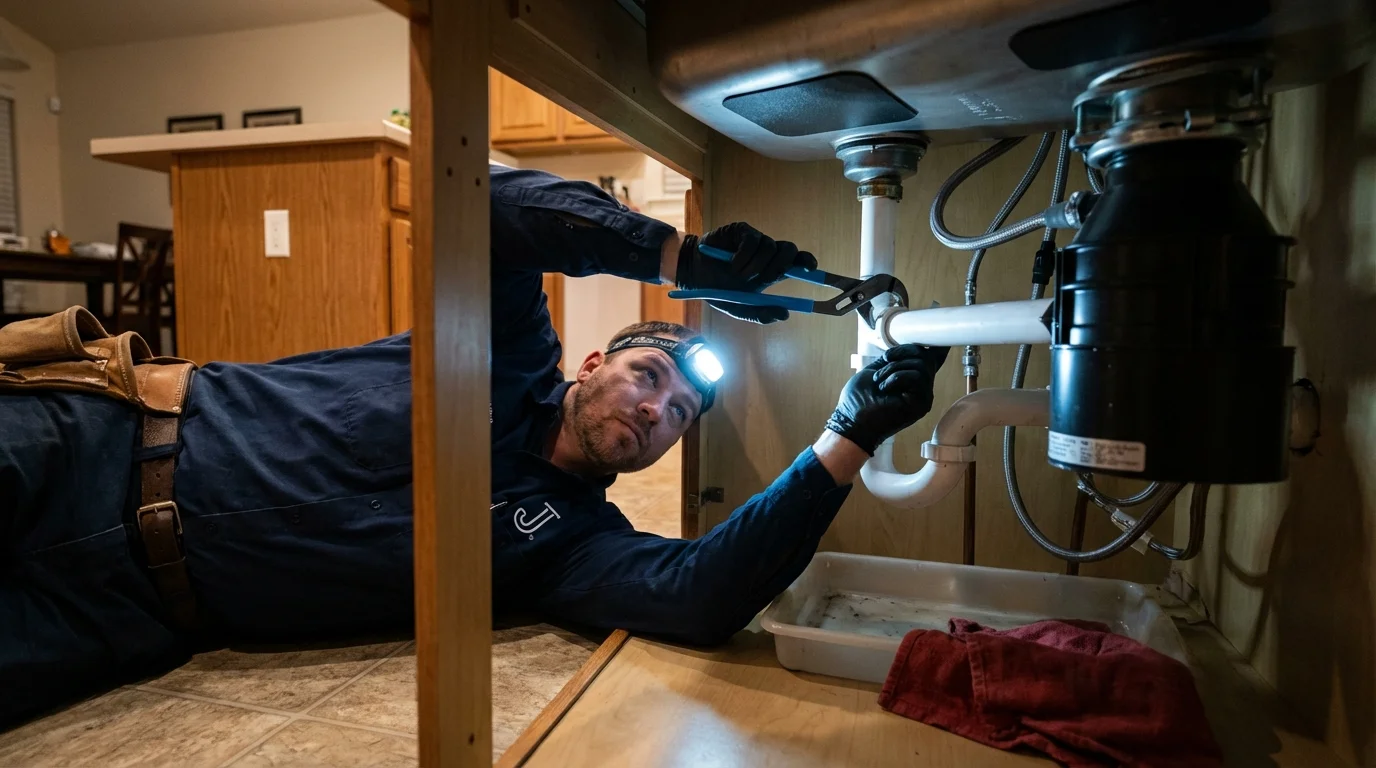 P-trap and supply line connections under a kitchen sink showing a common leak point in Cayey, PR